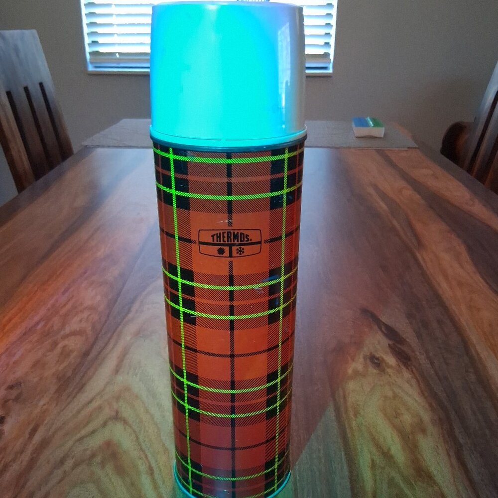 Vintage 70s Red Plaid Thermos 🏕️ Retro Picnic Cabin Decor - MINT Glass